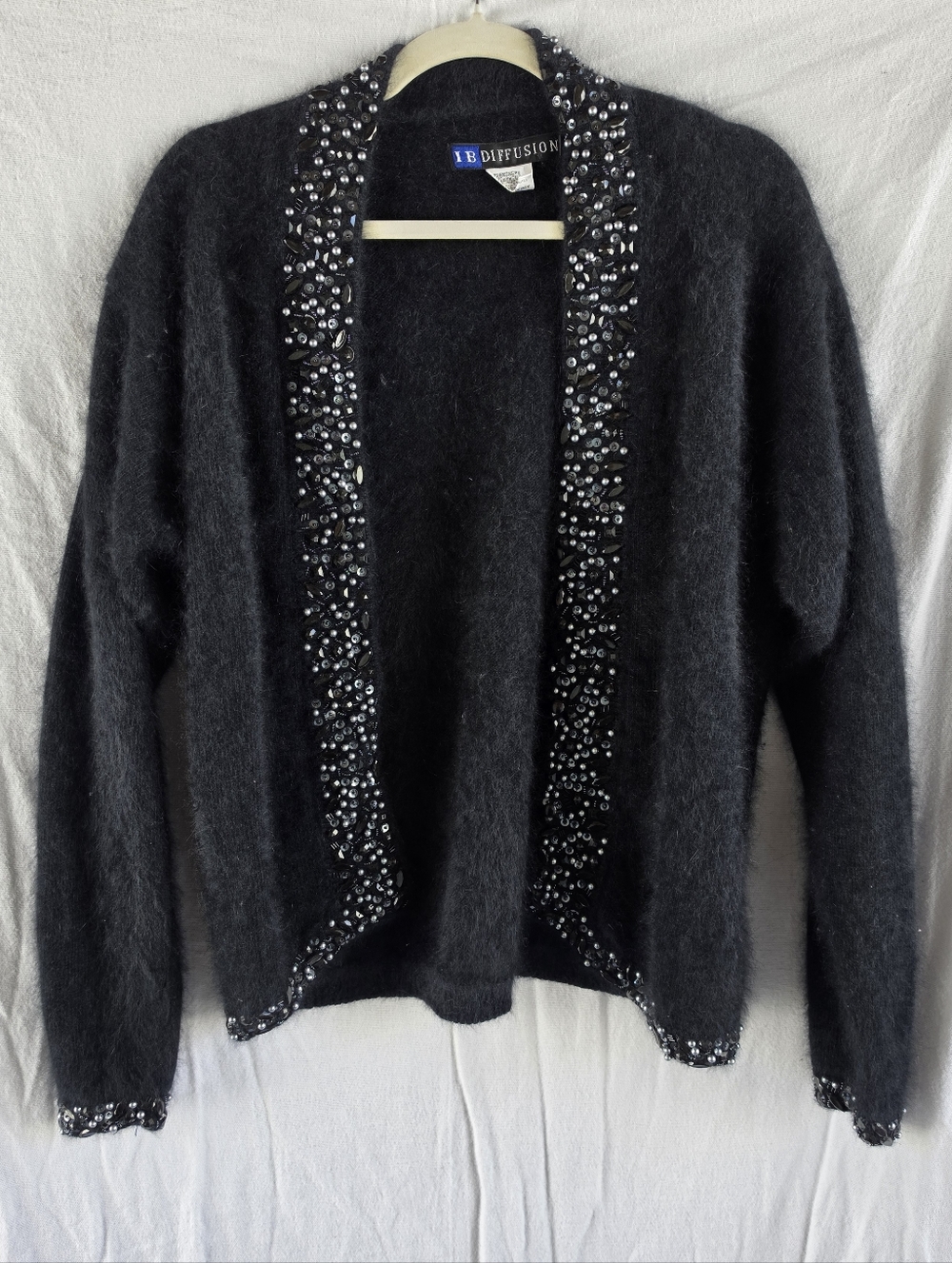 Vintage I.B. Diffusion Black Beaded Angora Rabbit Hair Cardigan Womens M